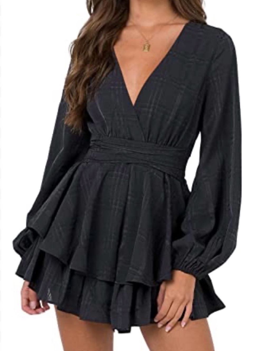 One and Only Collective Black Long Sleeve V-Neck Tiered Romper